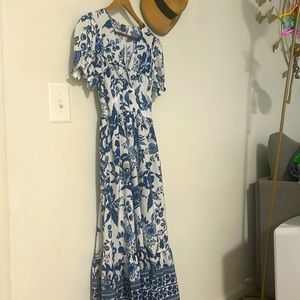 Allover Floral Print Puff Sleeve Surplice Neck Dress